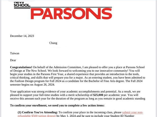 恭喜張同學，提前榮獲錄取Parsons學院早鳥入學資格，每學年獎學金美金25000